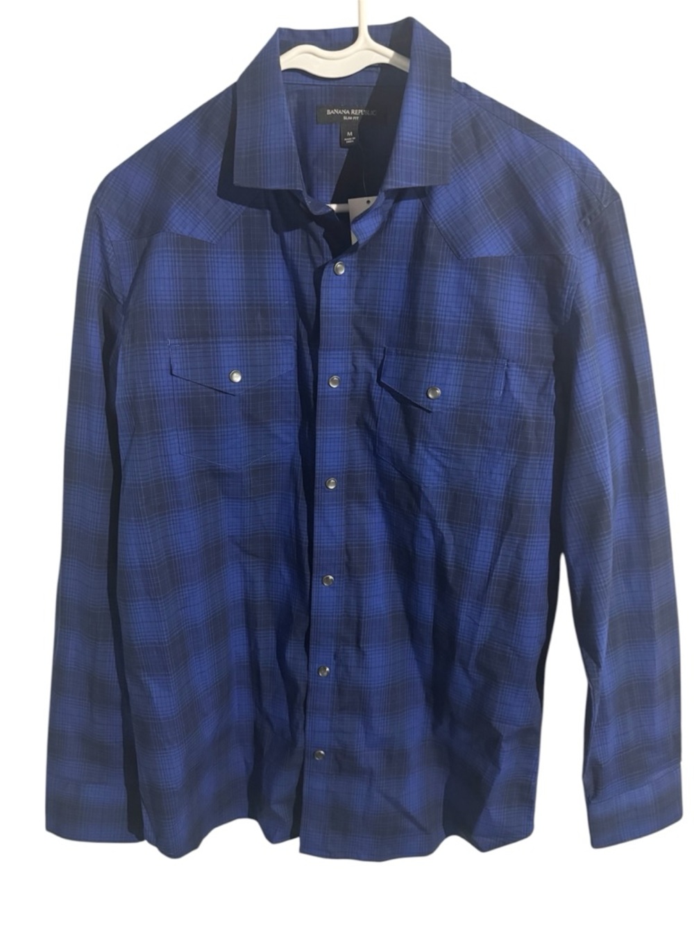 Banana Republic Mens M Blue Plaid Pearl Snap Western Shirt Slim Fit M